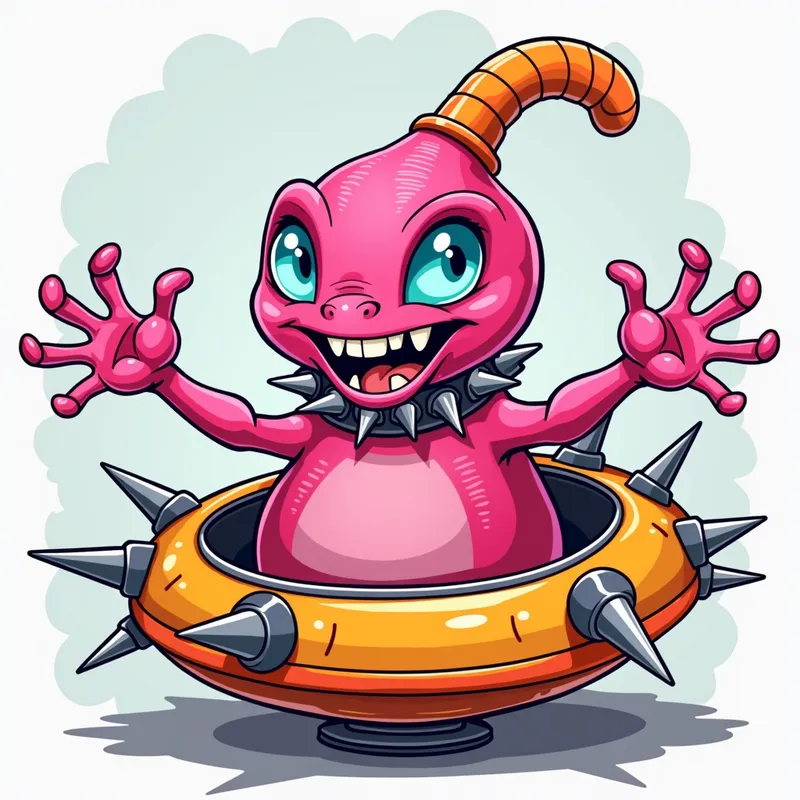 Pink Alien's Playful Welcome - Detailed line art illustration A cartoonish, bright pink alien creature, positioned centrally in the image. The creature has a bulbous, teardrop shape body, and a large, expressive, light-blue eye. A curved, orange tube-like appendage extends from its head. It is wearing a gothic collar with enormous metal spikes sticking out of it. The creature has a cheerful, grinning expression, with visible, cartoonish teeth. Its arms, also orange, are outstretched in a welcoming gesture. The creature is sitting in a brightly coloured spaceship with metal spokes sticking out from the sides. The background is a plain, light gray. The style is vibrant, playful, and exaggerated, with bold outlines and bright colors. The lighting is even, casting no significant shadows. The creature's pose is friendly and inviting. The overall impression is of a friendly, cartoon alien character. - AI image generated with Photorealistic 2