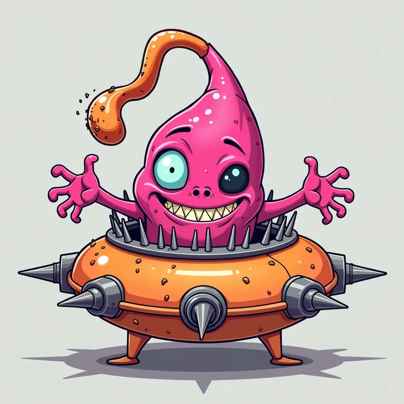 Pink Alien's Playful Welcome - Detailed line art illustration A cartoonish, bright pink alien creature, positioned centrally in the image. The creature has a bulbous, teardrop shape body, and a large, expressive, light-blue eye.  A curved, orange tube-like appendage extends from its head. It is wearing a gothic collar with enormous metal spikes sticking out of it. The creature has a cheerful, grinning expression, with visible, cartoonish teeth.  Its arms, also orange, are outstretched in a welcoming gesture. The creature is sitting in a brightly coloured spaceship with metal spokes sticking out from the sides. The background is a plain, light gray. The style is vibrant, playful, and exaggerated, with bold outlines and bright colors. The lighting is even, casting no significant shadows. The creature's pose is friendly and inviting. The overall impression is of a friendly, cartoon alien character. - AI image generated with Photorealistic 2