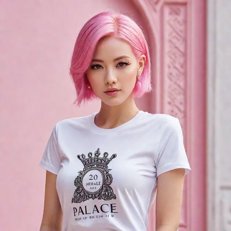 Pink-Haired Muse by Palace - Generate a model wearing a t-shirt. The background should show a palace. The model's pose should be elegant and confident. The woman has pink hair 32k. - AI image generated with Photorealistic