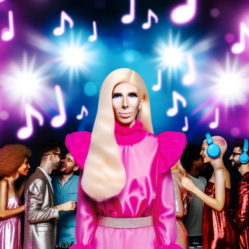 Pink Party Vibes - A vibrant scene of a blonde DJ dressed in a chic pink ensemble, surrounded by partygoers, with dazzling lights and musical notes filling the air, epitomizing a lively nightclub setting. - AI image generated with Art