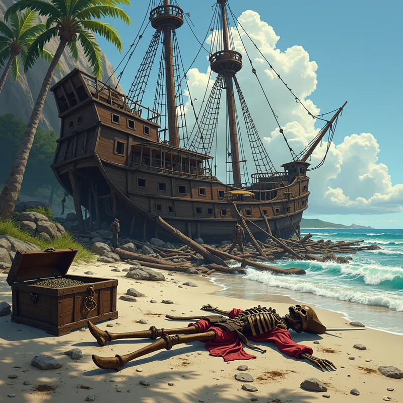 Pirate Shipwreck Corpse - A decaying pirate shipwreck on a desolate beach. Among the scattered planks and treasure chests, a long-forgotten pirate's skeleton lies, with tattered clothing and a rusted sword. - AI image generated with Photorealistic 2