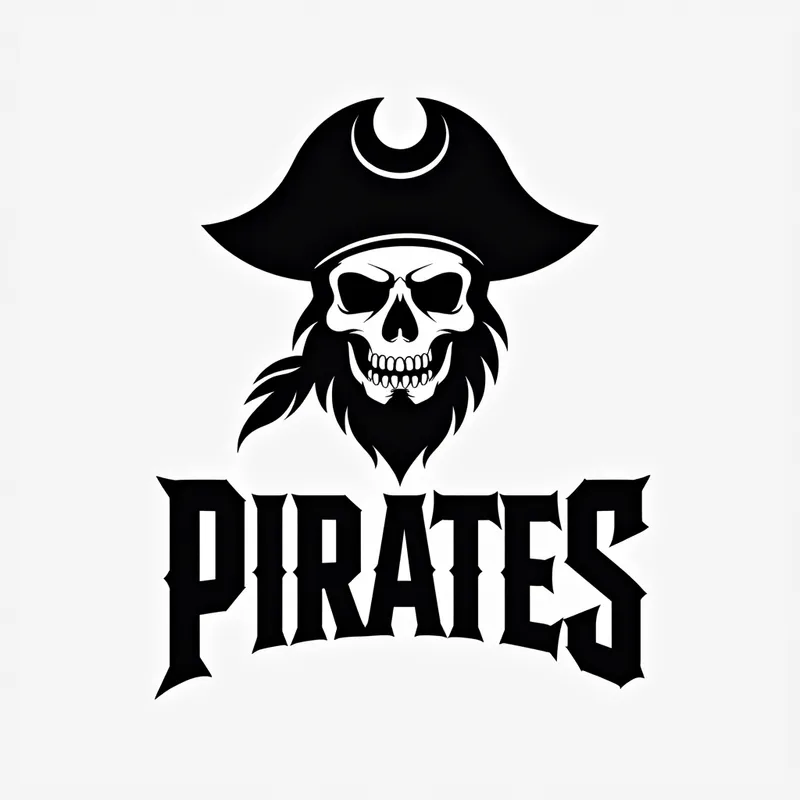 Pirates Team Logo – Black & White - a sports team logo simple black and white for the pirates with text logo and the silhouette of a pirate head above it - AI image generated with Text