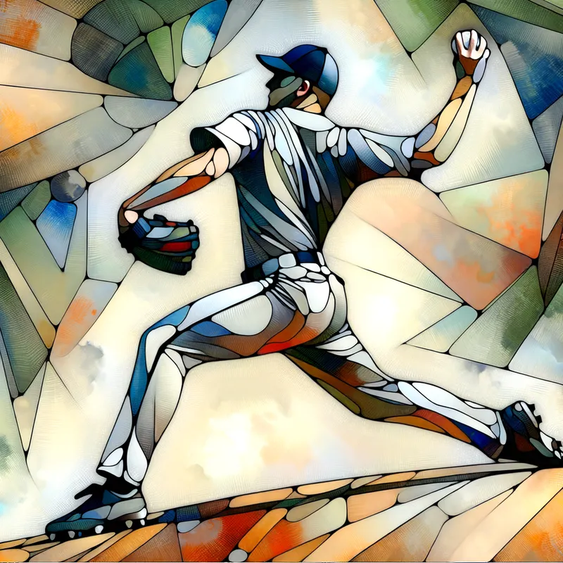 Pitcher's Pose - A baseball pitcher mid-throw, their body contorted with dynamic motion, rendered in Picasso's cubist style and colored with vibrant alcohol inks. - AI image generated with Art - Pablo Picasso, alcohol ink