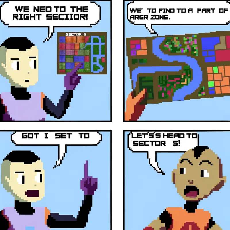 Pixel Art: Sector Quest - (Character 1 points at a map) Character 1: “We need to find the right sector!” (The map shows different labeled sections of a city.) Panel 2: (Character 2 looks confused) Character 2: “What’s a sector?” (Character 1 gestures toward the map.) Panel 3: (Close-up of the map as Character 1 explains) Character 1: “A sector is a specific part of a larger area, like a district or zone.” Panel 4: (Characters begin walking toward a sector on the map.) Character 2: “Got it! Let’s head to Sector 5!” do this for a comic on sector - AI image generated with Art - pixel art