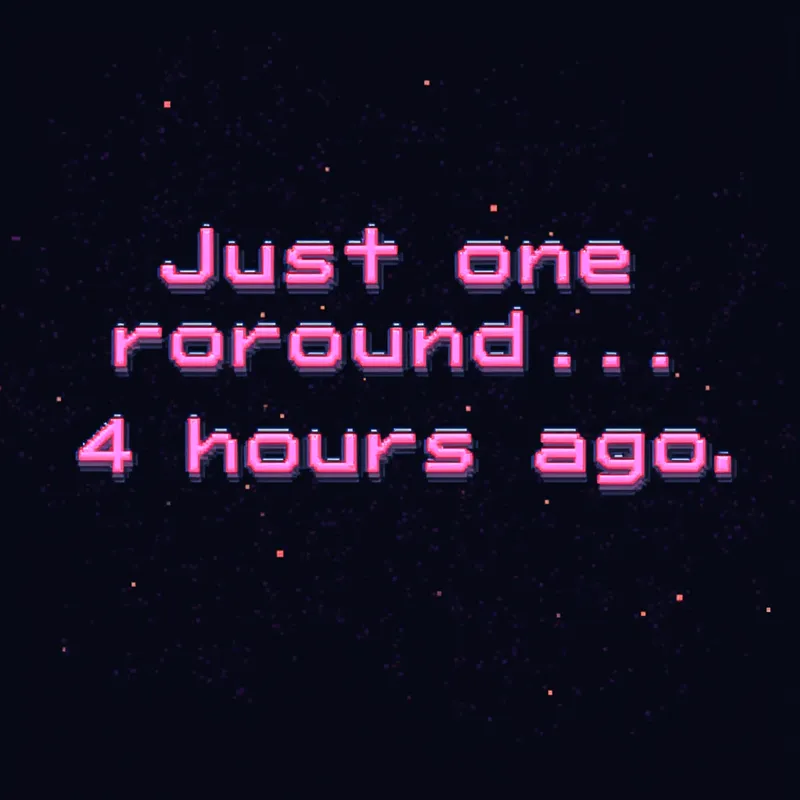 Pixelated Neon Gamer Tee - A dark T-shirt design featuring a combination of neon glitch typography and a sarcastic slogan 'Just one more round… 4 hours ago.' The pixelated, retro style adds to its unique gamer aesthetic. - AI image generated with Flux