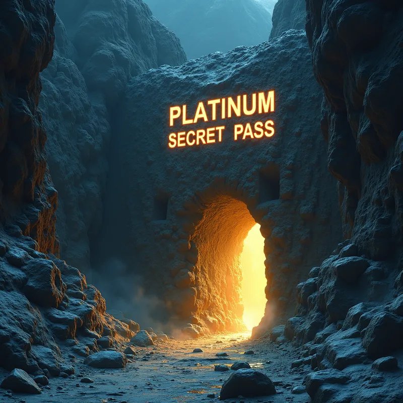 Platinum-Engraved Hidden Passage - A hidden passage carved into a mountainside, faintly glowing with an otherworldly light. The passage's entrance is marked by the inscription 'PLATINUM SECRET PASS' in large, radiant letters, inviting adventurers to uncover its secrets. - AI image generated with Text