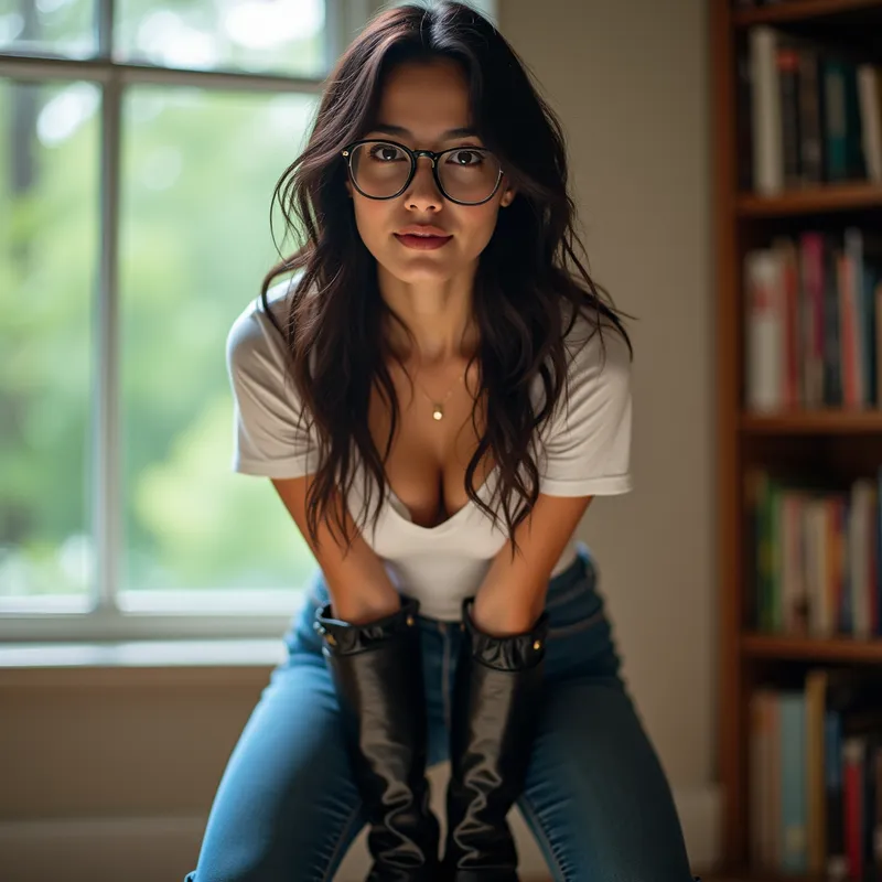 Playful Beauty in the Stacks - A mesmerizing Asian woman with stunning, sexy looks, excellent hair, and glasses, dressed in a low-cut white t-shirt, blue skinny jeans, shiny stiff black leather gloves, and tall glossy black riding boots. She is bending forward in a bright library with a window showcasing a tranquil forest. The perspective is low, emphasizing her boots, and she looks at the viewer with flirtatious, loving eyes and a teasing, gorgeous smile. - AI image generated with Photorealistic 2