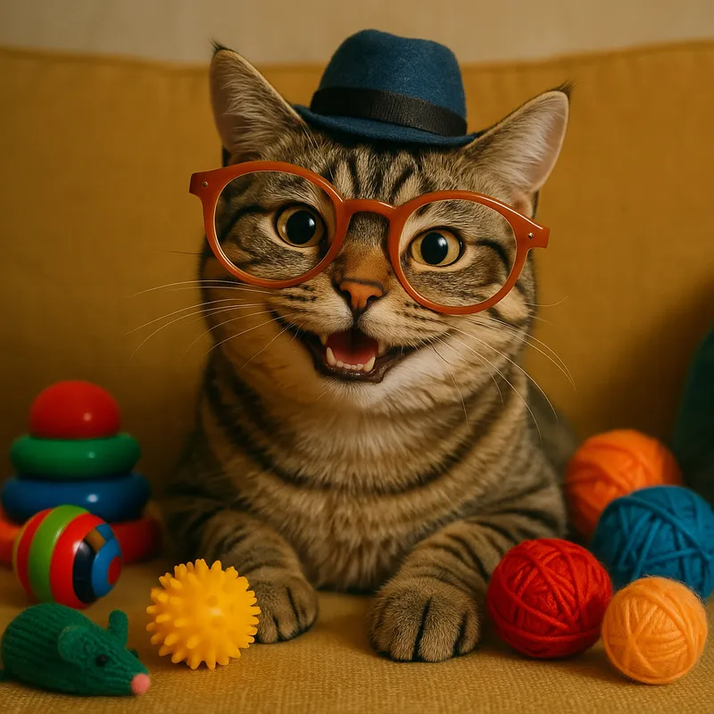 Playful Cat in Glasses and Hat - A playful cat wearing oversized glasses and a tiny hat, sitting on a couch with a mischievous grin, surrounded by colorful toys and yarn balls. - AI image generated with GPT Image