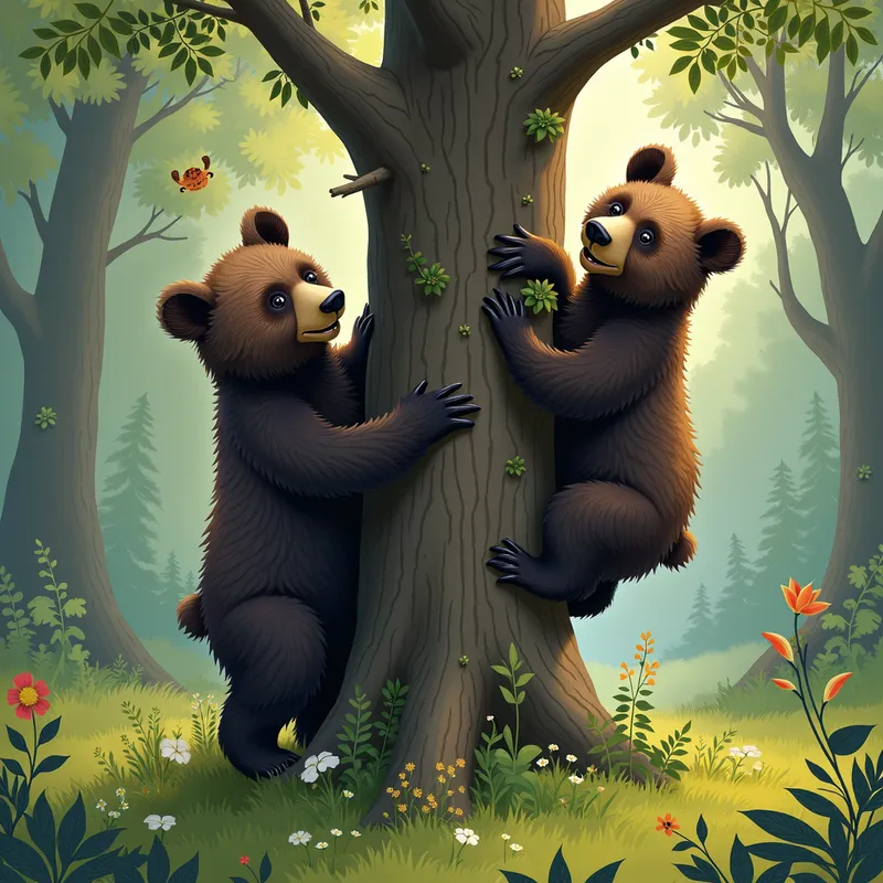 Playful Cubs in Tree - A vivid depiction of playful bear cubs climbing and playing on a sturdy tree in a lush forest. - AI image generated with Photorealistic 2