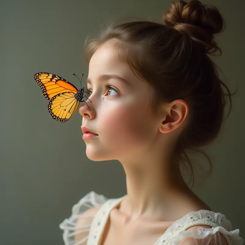 Playful Elegance - A beautiful girl in an elegant portrait pose with her hair up, going cross-eyed while a butterfly lands on her nose, delicate features, romantic lighting, whimsical storytelling, high detail, soft and graceful aesthetic. - AI image generated with Photorealistic 2 - photorealistic