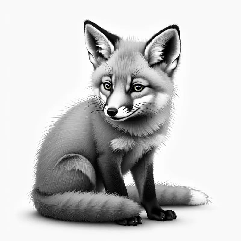Playful Fox Kit — Pencil Drawing - grayscale detailed realistic pencil drawing of a playful fox kit - AI image generated with Photorealistic 2