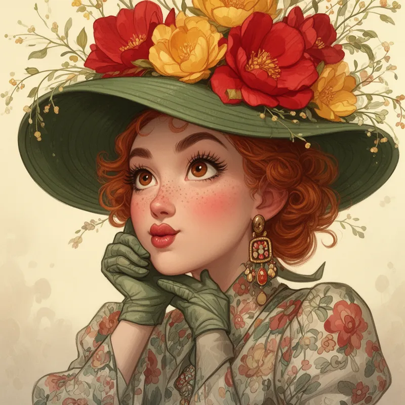 Playful Hat Portrait - A comical and whimsical fashion portrait of a young woman with curly red hair peeking from under a dramatic green hat overflowing with oversized red and yellow blossoms and delicate foliage. She has expressive arched brows, long lashes, brown eyes full of warmth, freckles, flushed cheeks, and pouty lips. Her gloved hand supports her chin as she gazes dreamily outward. She wears floral garments and oversized dangling earrings, styled with vintage elegance, bold colors, stylized proportions, and a lively storybook-inspired mood. - AI image generated with Flux 2