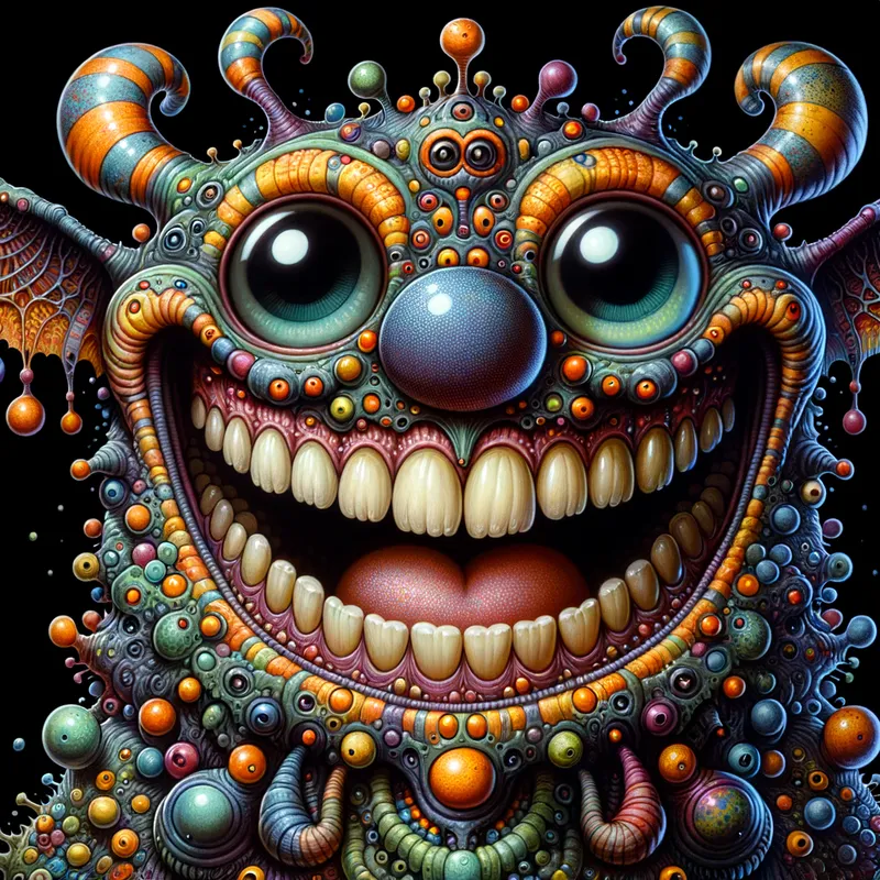 Playful Monster in Alcohol Ink Style - A goofy, not-at-all-scary monster with a big smile, few teeth, and bright, playful colors, designed to look like a funny friend rather than frighten kids. - AI image generated with Art - alcohol ink, Giger, close-up
