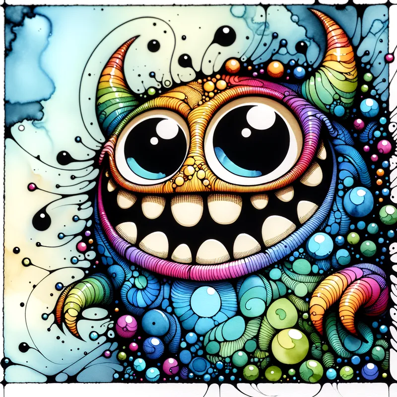 Playful Monster in Alcohol Ink Style - A goofy, not-at-all-scary monster with a big smile, few teeth, and bright, playful colors, designed to look like a funny friend rather than frighten kids. - AI image generated with Art - alcohol ink, Giger, close-up