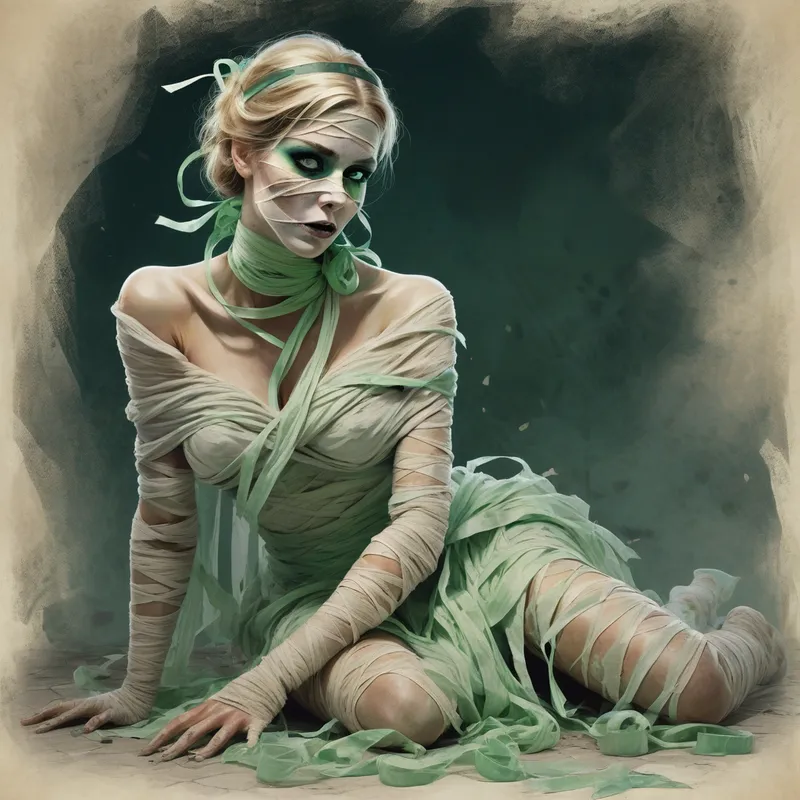 Playful Moonlit Halloween Maiden - A somber, cinematic, painterly-style Halloween illustration featuring a beautiful young woman with light hair, striking icy-green eyes, and elegant makeup, portrayed as a coquettish mummy wrapped in elaborate, tattered gauze ribbons. She crouches on the ground in profile, looking directly toward the viewer with a playful and mischievous expression. Her figure is accented by autumn floral embellishments on her head and at both sides of her waist. She is encircled by skulls, candles, black grasses, orange and white pumpkins, a small mouse, and a raven perched on a rustic wooden arrow sign with a humorous Halloween saying. The soft blurred background contains a glowing full moon and twisting branches with seasonal foliage. Rich painterly texture, expressive brushwork, moody palette, highly detailed composition. - AI image generated with Photorealistic - oil art, alcohol ink