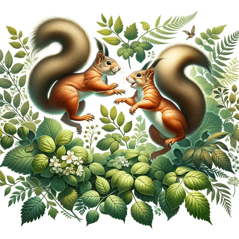 Playful Pair - Two adorable squirrels chasing each other through the lush greenery, capturing the essence of playful woodland creatures. - AI image generated with Art