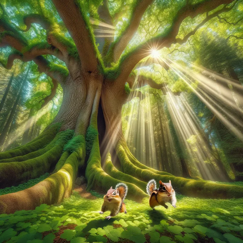 Playful Pals - Two chipmunks chasing one another around the base of a towering oak tree, surrounded by lush greenery and soft, diffused sunlight filtering through the tree canopy. - AI image generated with Art