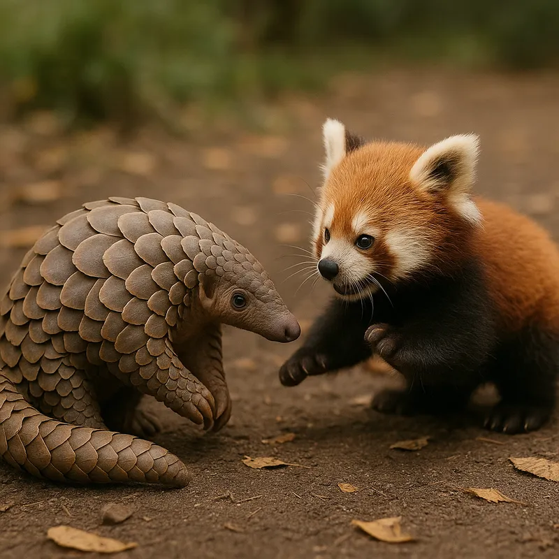 Playful Pangolin and Red Raccoon -
create a photorealistic but cute image of a pangolin and a red racoon meeting playing - AI image generated with GPT Image