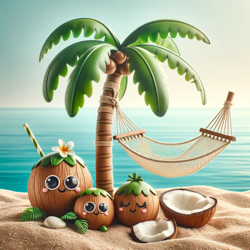 Playful Paradise - A playful tropical paradise with a kawaii palm tree, coconuts featuring cute faces, and a hammock swaying in the breeze, set against a serene ocean backdrop. - AI image generated with Art