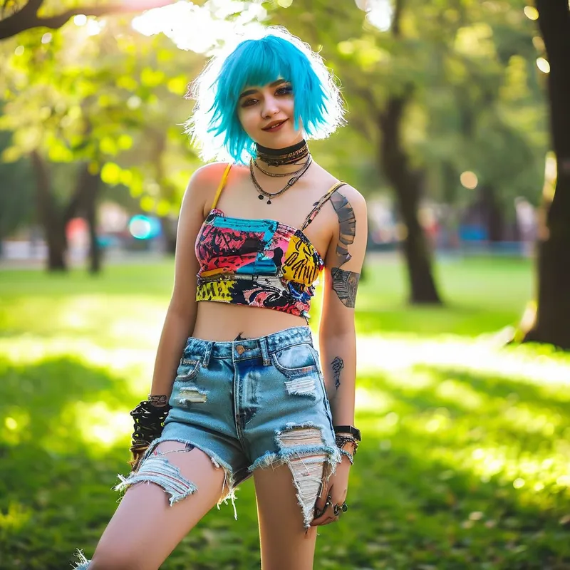 Playful Park Day - A cheerful femboi, 20 years old, with bright short blue hair, enjoying time at a green park, wearing distressed jean shorts, a colorful graphic top, and ankle boots, playful and lively atmosphere with sunlight filtering through trees. - AI image generated with Nova Canvas
