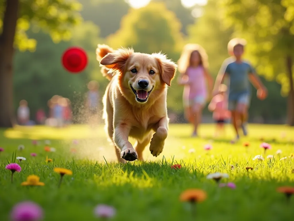 Playful Pup in a Park - A lively dog frolicking in a vibrant, sunlit park with lush green grass and colorful flowers. The dog, a golden retriever, has a joyful expression, and its fur glistens under the bright sunshine. Children are seen playing in the background, enjoying the warmth of the day, while the dog chases after a red frisbee. - AI image generated with Photorealistic 2