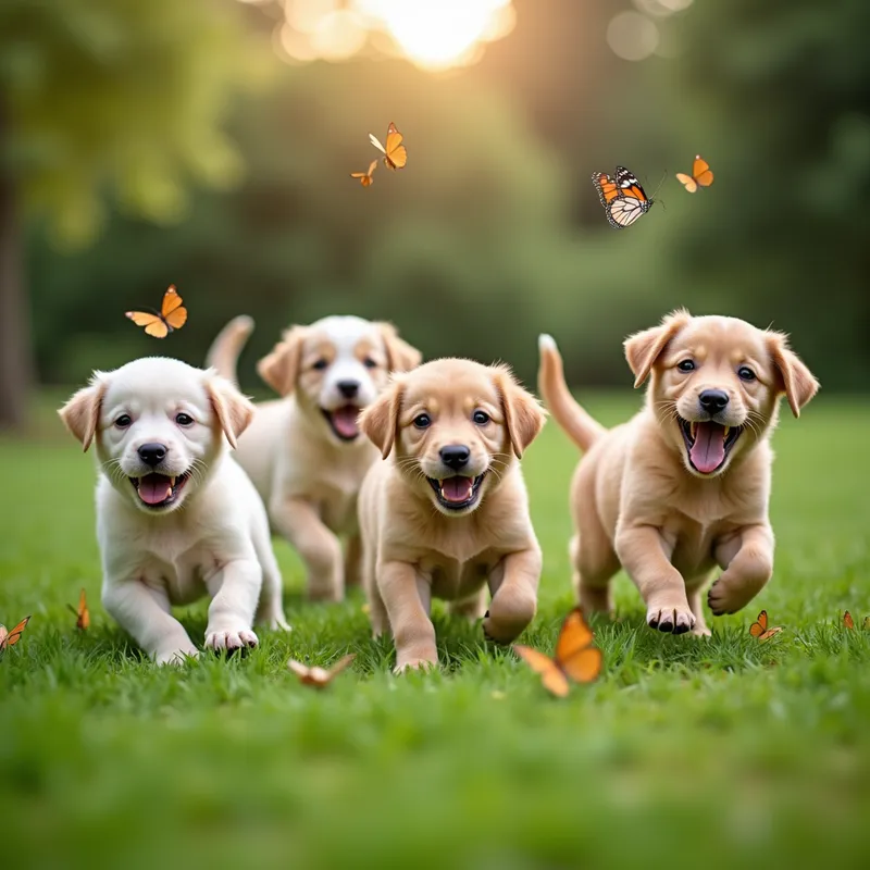Playful Puppies - A group of adorable puppies playing in a lush, green garden, chasing butterflies and rolling in the grass, capturing their joyous and carefree nature. - AI image generated with Photorealistic 2
