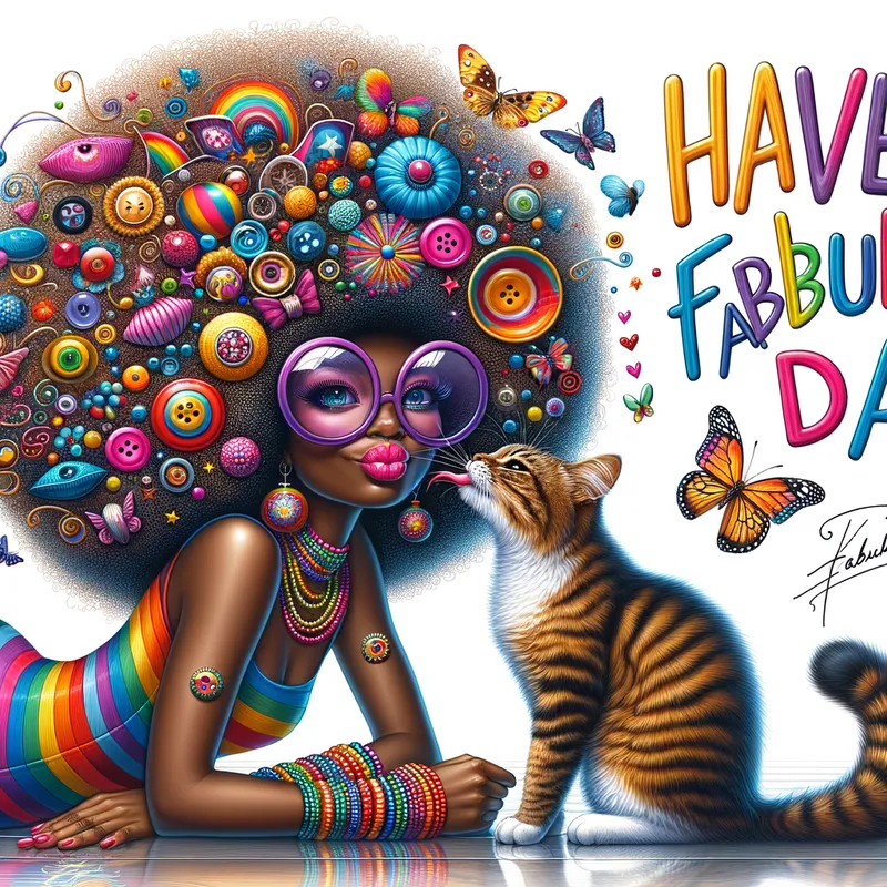 Playful Rainbow Fashion - An artistic creation featuring an Afro American woman with a large, colorful curly afro full of playful decorations such as buttons, birds, and butterflies. Her big, bright eyes are accentuated by a pair of large round purple glasses. She wears a rainbow-striped outfit and colorful accessories. The woman is sitting on the floor, kissing a large brown and white tabby cat that is sticking out its tongue. A white background highlights the text 'Have a Fabulous Day!'. The overall aesthetic is fun and whimsical. - AI image generated with Art