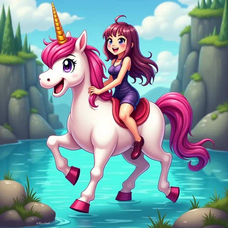 Playful Serene Lake - A playful female character with a happy expression riding a joyful unicorn by a serene lake. The background features a beautiful waterfall, adding a magical touch to the vibrant, whimsical scene. - AI image generated with Photorealistic 2