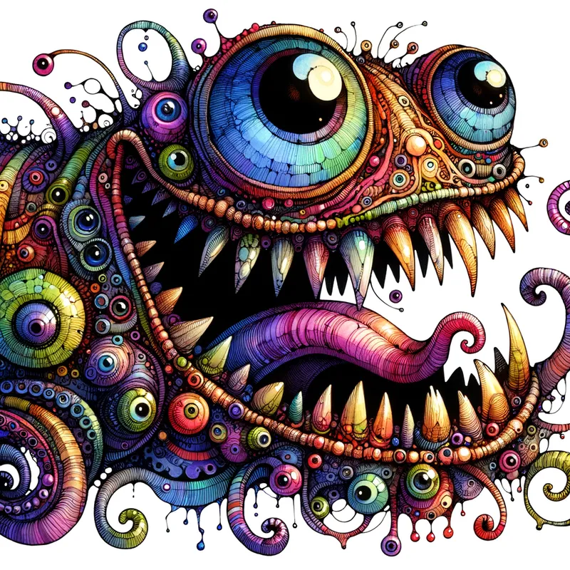 Playful Smiling Monster Close-Up - A goofy, not-at-all-scary monster with a big smile, few teeth, and bright, playful colors, designed to look like a funny friend rather than frighten kids. - AI image generated with Art - alcohol ink, Giger, close-up