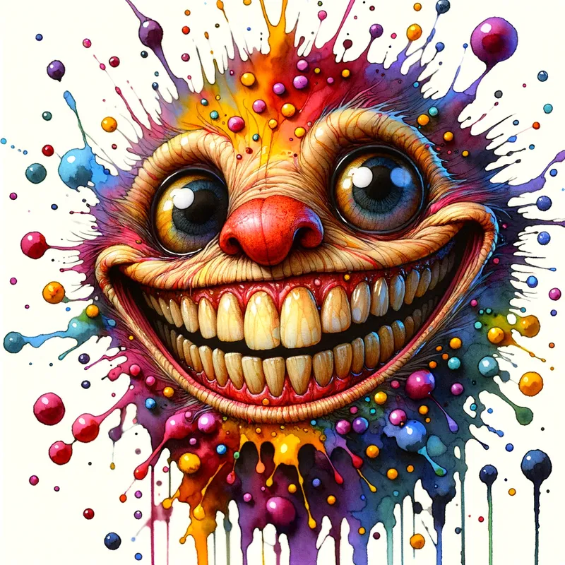 Playful Smiling Monster Close-Up Art - A goofy, not-at-all-scary monster with a big smile, few teeth, and bright, playful colors, designed to look like a funny friend rather than frighten kids. - AI image generated with Art - alcohol ink, Giger, close-up
