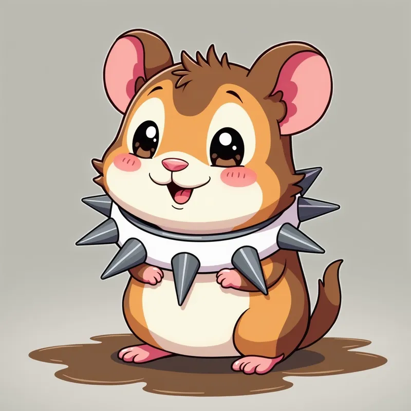 Playful Spiky-Hamster - A cute cartoon hamster sitting in a puddle, wearing a white collar with oversized silver jagged spikes. The hamster is tan with a brown and white face pattern and has vibrant pink ears. The background is a subtle gray gradient, emphasizing a sense of fun and playfulness. - AI image generated with Photorealistic 2