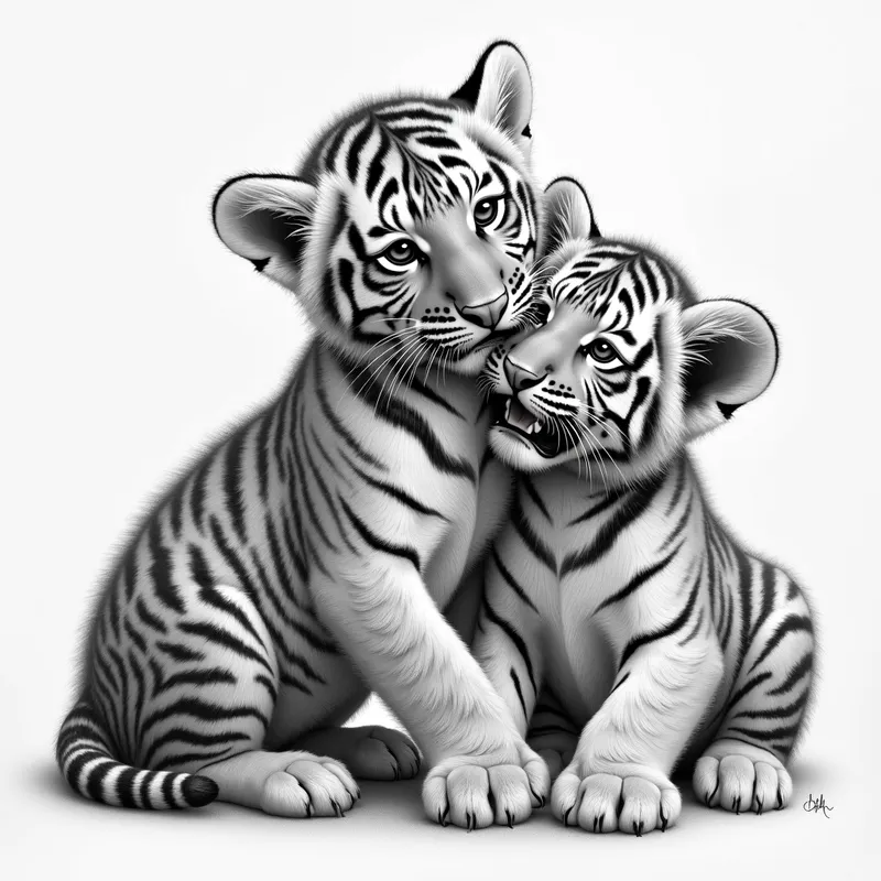 Playful Tiger Cubs (Pencil Sketch) - grayscale detailed realistic pencil drawing of a playful tiger cubs - AI image generated with Photorealistic 2