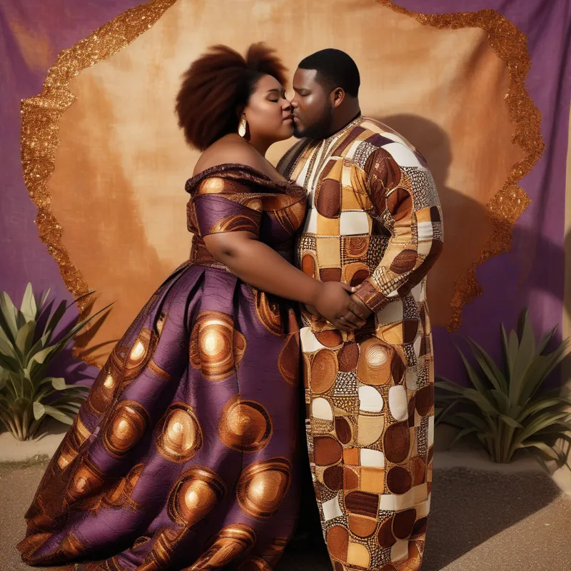 Plum Gold Lovers in Ancestor’s Light - In a luxurious golden-hour setting, a plus-size Black woman and her partner share a tender embrace. Their attire is a collage of Ankara and Aso Oke layers, with collage fragments and cowrie shell highlights catching the warm light. Plum, rust, and gold tones are rendered with heavy impasto and velvet shadow effects, where faint symbols of ancestry are hidden throughout the scene. The composition radiates sacred intimacy and calm, celebrating AfroWhimsiFusion Ultra Textured sensibilities. - AI image generated with Photorealistic