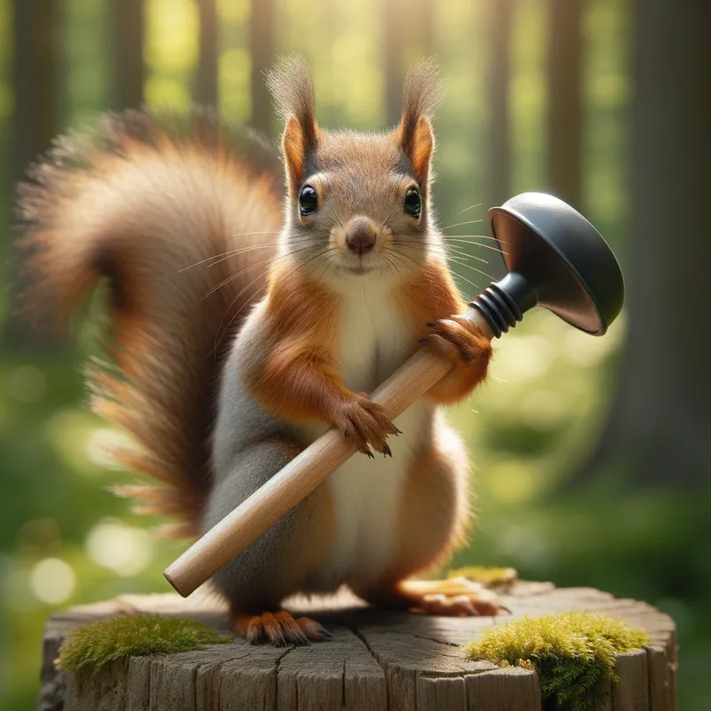 Plunger Pal - An adorable squirrel clutching a small plunger like a staff, set against a forest backdrop. - AI image generated with Art