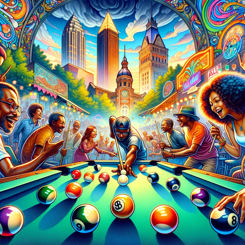 Pockets of Fun - A whimsical and vibrant depiction of a lively 9-ball game set against the iconic landmarks and lively atmosphere of Atlanta, exuding a sense of joy and excitement. - AI image generated with Art