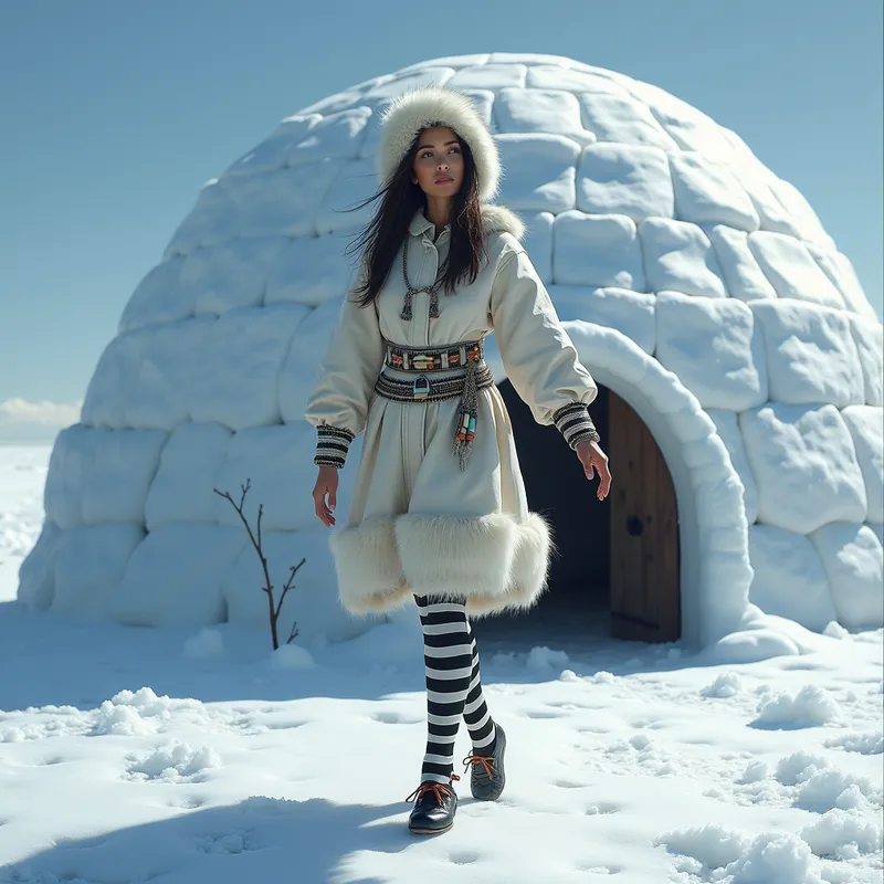 Polar Ballet - A digital art depiction of a beautiful Eskimo woman in traditional clothing, adorned with black and white striped ballet pointe shoes. She stands en pointe on ice near her igloo, showcasing a mix of traditional and artistic elements. - AI image generated with Photorealistic 2