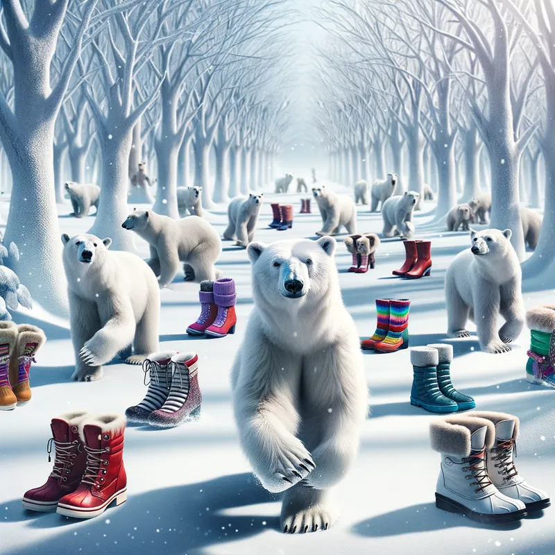 Polar Bear Winter Wonderland - A whimsical scene of polar bears frolicking and playing in the snow, each wearing a different pair of stylish, brightly colored winter boots. - AI image generated with Art