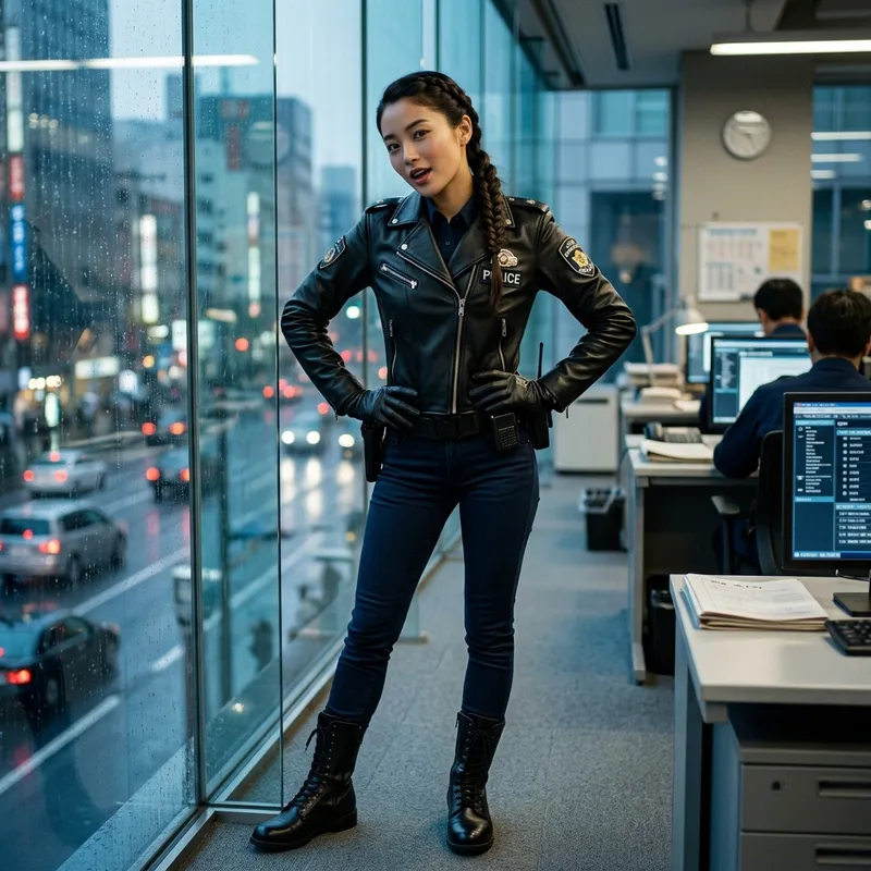 Policière japonaise cinématique au commissariat - Portrait cinématique vertical 3:4 d’une policière japonaise sublime dans un bureau de commissariat moderne avec grande baie vitrée, légère contre-plongée. Elle est légèrement penchée vers la caméra, les mains sur les hanches, regard coquin, bouche légèrement ouverte. Elle porte un manteau de cuir noir moulant avec écussons, gants de cuir noir brillants, pantalon bleu foncé ajusté et hautes bottes de motarde en cuir noir lisse. Cheveux tressés, visage magnifique, lumière dramatique, ambiance réaliste, rendu cinématographique, profondeur de champ, détails riches. - AI image generated with Nano Banana 2