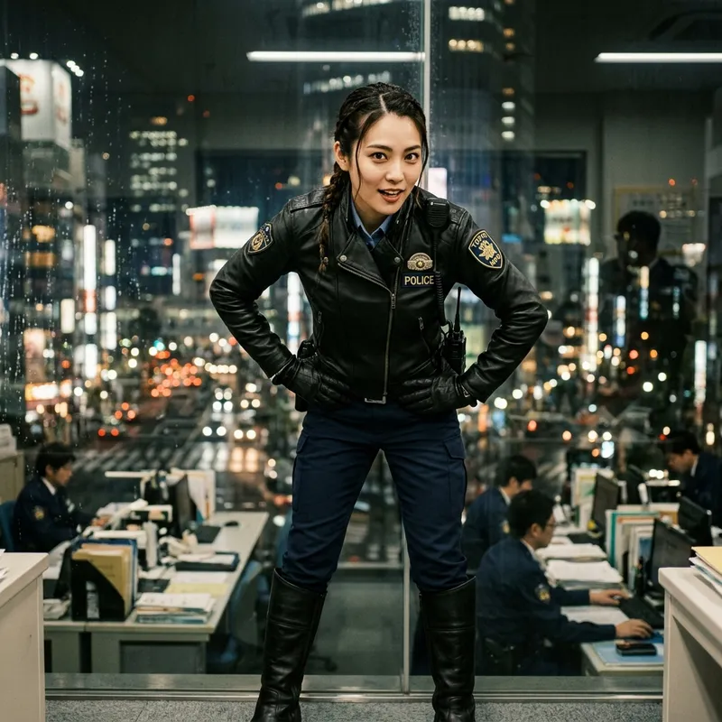 Policière japonaise moderne dans bureau vitré - Portrait mode cinématique 3:4 d’une policière japonaise charismatique dans un bureau de commissariat avec baie vitrée donnant sur une ville floue. Prise de vue en légère contre-plongée pour renforcer la présence. Elle est penchée subtilement vers le spectateur, mains posées sur les hanches, expression espiègle et confiante, bouche légèrement ouverte. Superbe visage, cheveux tressés, manteau de cuir noir cintré avec écussons officiels, gants en cuir noir, pantalon bleu foncé structuré et bottes de motarde hautes. Reflets réalistes, lumière cinématographique, finition premium. - AI image generated with Nano Banana 2