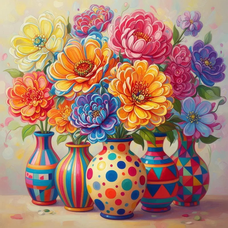 Polka Dot Bloom Parade - A whimsical and colorful still life of highly stylized flowers arranged in uniquely patterned vases, featuring intricate petal details and vivid layered blossoms. The vases are decorated with bold polka dots, playful stripes, and eye-catching geometric designs. Bright, imaginative composition, painterly lighting, joyful artistic atmosphere, visually stunning and creative masterpiece, transporting the viewer into a world of beauty and wonder. - AI image generated with Flux 2