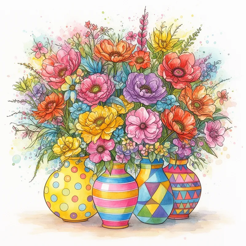 Polka-Dot Vases & Watercolor Blooms - Watercolor and ink capturing a stunning still life of vibrant flowers bursting with color and life. They're arranged in a whimsical and unique display that feels joyful and inspiring. Each flower is delicately painted with intricate petal details, showing careful artistry, while the vases stand out with bold, cheerful patterns like polka dots, stripes, and geometric designs. The overall effect is a visually beautiful and creatively captivating masterpiece that invites viewers to enjoy its lively charm.
- AI image generated with Flux 2