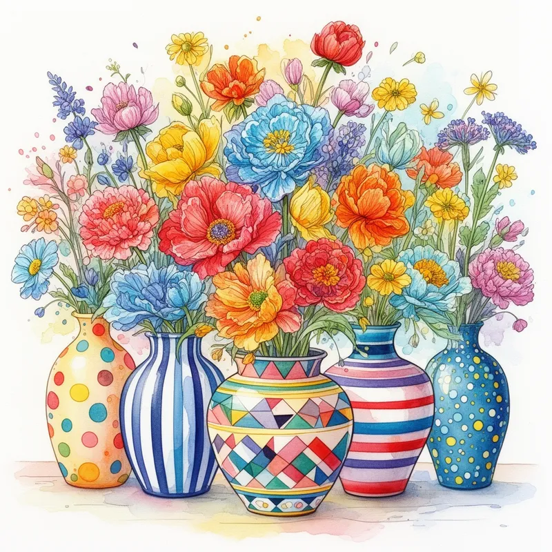 Polka-Dot Vases & Watercolor Blooms - Watercolor and ink capturing a stunning still life of vibrant flowers bursting with color and life. They're arranged in a whimsical and unique display that feels joyful and inspiring. Each flower is delicately painted with intricate petal details, showing careful artistry, while the vases stand out with bold, cheerful patterns like polka dots, stripes, and geometric designs. The overall effect is a visually beautiful and creatively captivating masterpiece that invites viewers to enjoy its lively charm.
- AI image generated with Flux 2