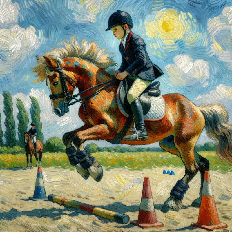 Pony Club Boy Training - A determined boy, focused and diligent, practicing riding skills in an open field with cones and small jumps set up. His pony looks well-groomed and attentive, ready for the next command. - AI image generated with Art - Van Gogh, antique wall portrait, typography drawing