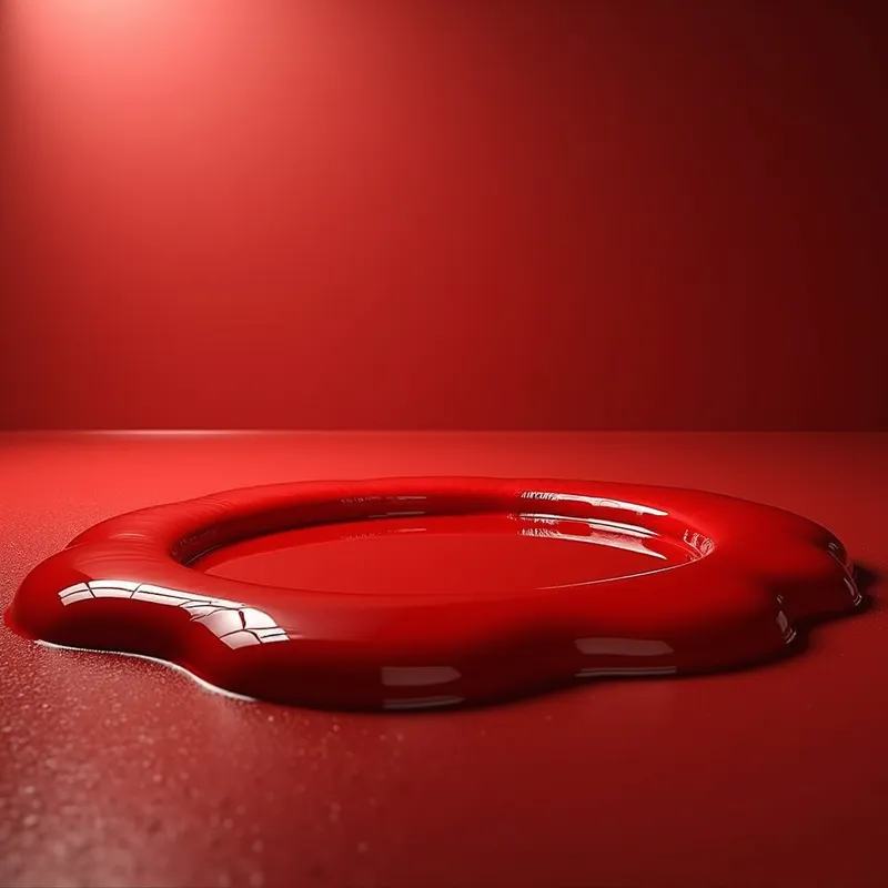 Pool of Red Syrup - A surreal and vivid image featuring a large pool of thick, glossy red syrup. The syrup shimmers under the light, appearing smooth and reflective like a mirror. Surrounding the pool is a minimalist, clean background to emphasize the striking color and texture of the syrup. The overall atmosphere is mysterious and slightly eerie, evoking a sense of curiosity and wonder. - AI image generated with Photorealistic 2