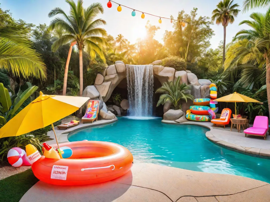 Poolside Shine - A lively pool party scene in a natural shaped pool surrounded by palm trees and a waterfall feature. The area includes pool floaties, tropical drinks, lounge chairs, beach towels, pool noodles, sunscreen, sunglasses, a neon pool party sign, and a lifeguard chair. String lights add a glam touch to the setting. The cartoon image is vibrant and cheerful with no people present, and it is designed in landscape orientation. - AI image generated with Photorealistic