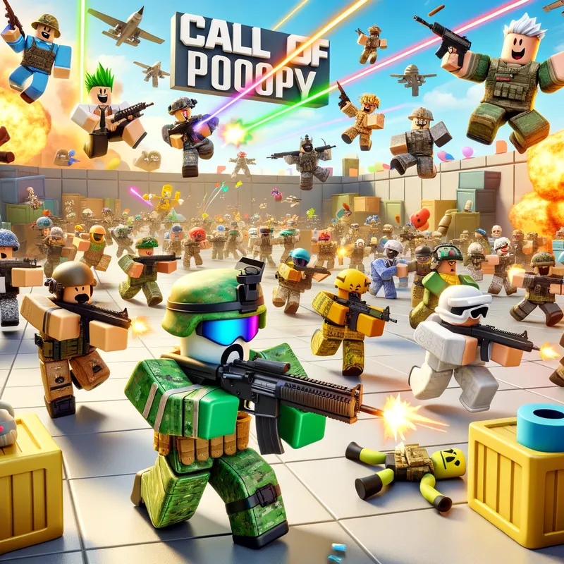 Poopy Combat Arena - Generate an image of a combat arena filled with Roblox-style avatars from Call of Poopy, engaged in an intense yet humorous gunfight. Use vibrant colors and dynamic poses to bring the action to life. - AI image generated with Art