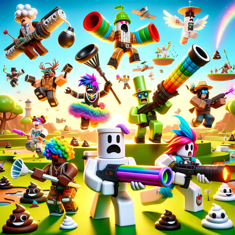 Poopy Gunmasters - Depict characters from Call of Poopy in a Roblox-inspired world, showcasing their mastery of fun and bizarre weaponry. The setting should be an action-packed landscape with a playful and humorous vibe. - AI image generated with Art