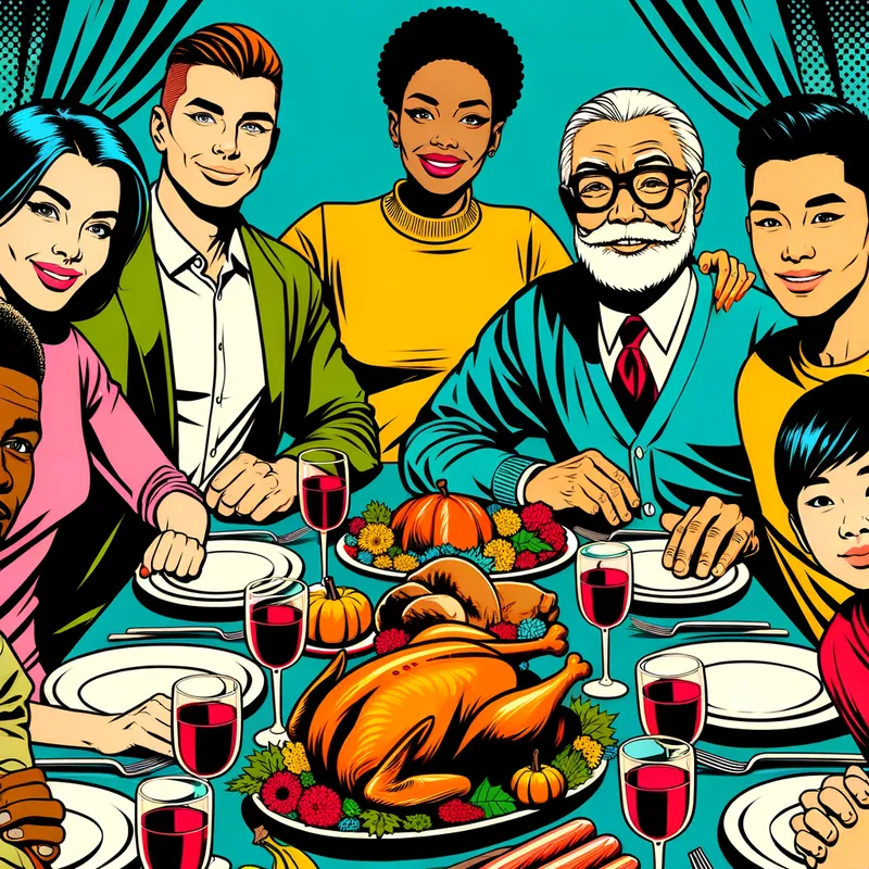 Pop Art Family Dinner - An intimate yet striking pop art illustration of a family gathered around the table for Thanksgiving dinner. The characters are depicted with stylized expressions and the scene is filled with contrasting and vibrant hues, emphasizing the warmth and togetherness of the holiday in a fun and modern way. - AI image generated with Art