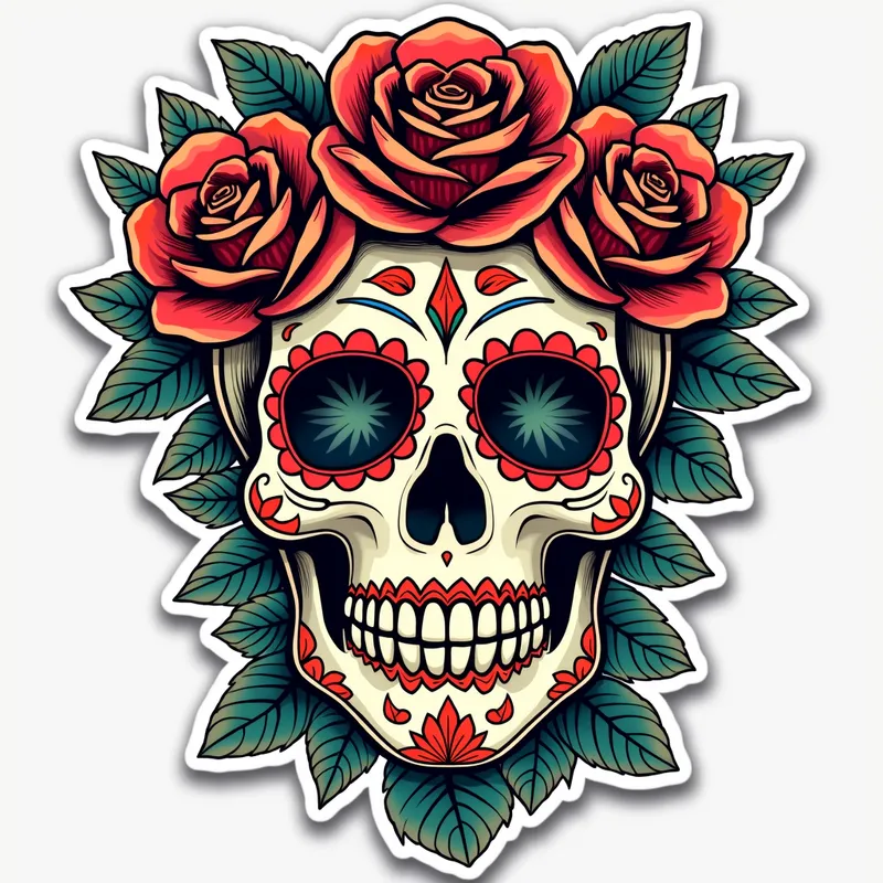 Pop Art Skull - A contemporary sugar skull tattoo with a mix of striking colors, enhanced with a playful sticker border, blending traditional and modern aesthetics. - AI image generated with Photorealistic 2 - tattoo drawing