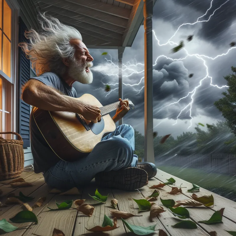 Porch Rock Anthem - Illustrate a spirited man from North Carolina playing guitar on his front porch during a thunderstorm, surrounded by swirling winds and the sound of thunder. - AI image generated with Art